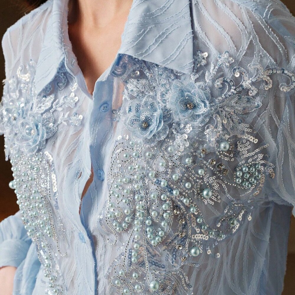 Baby Blue Elegant Women's Embellished Floral Semi-Sheer Long Sleeve Blouse - Picture 2 of 7